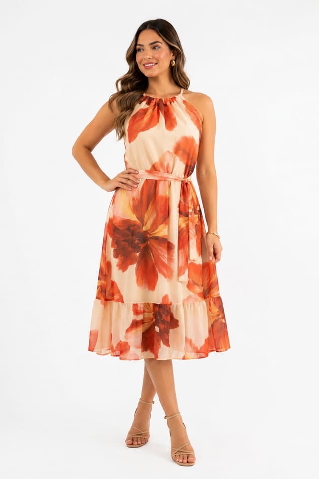 Vestido Midi D Bell Outlet Fashion Tule Estampado Floral Laranja