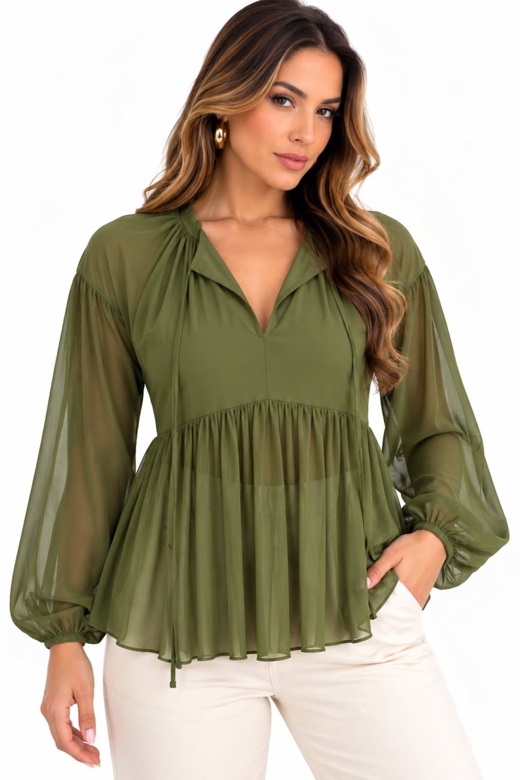 Blusa Peplum Manga Longa D Bell Outlet Fashion Tule Verde Oliva