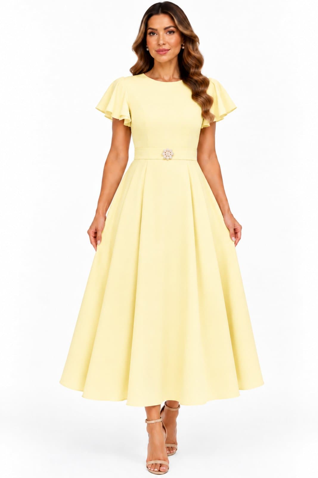 Vestido Midi D Bell Outlet Fashion Manga Com Babados Amarelo Manteiga
