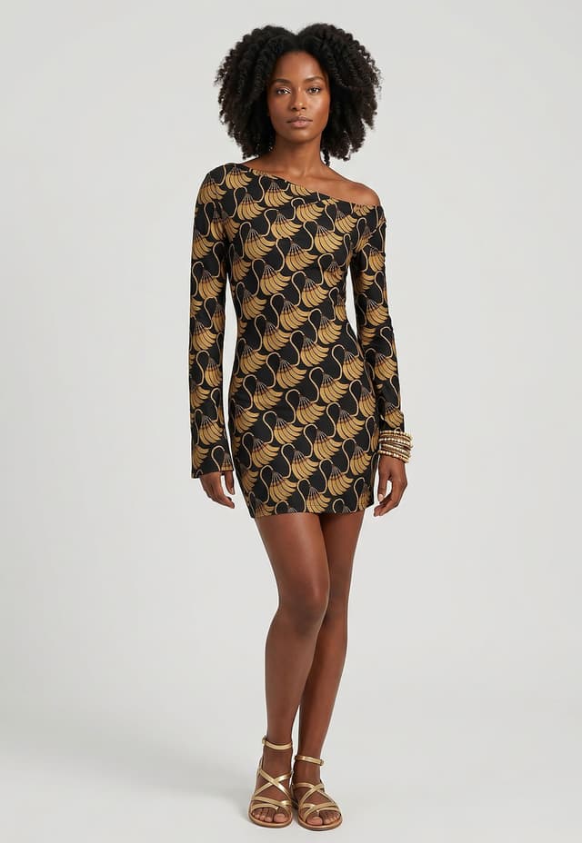 Vestido FARM Assimétrico Manga Longa Preto