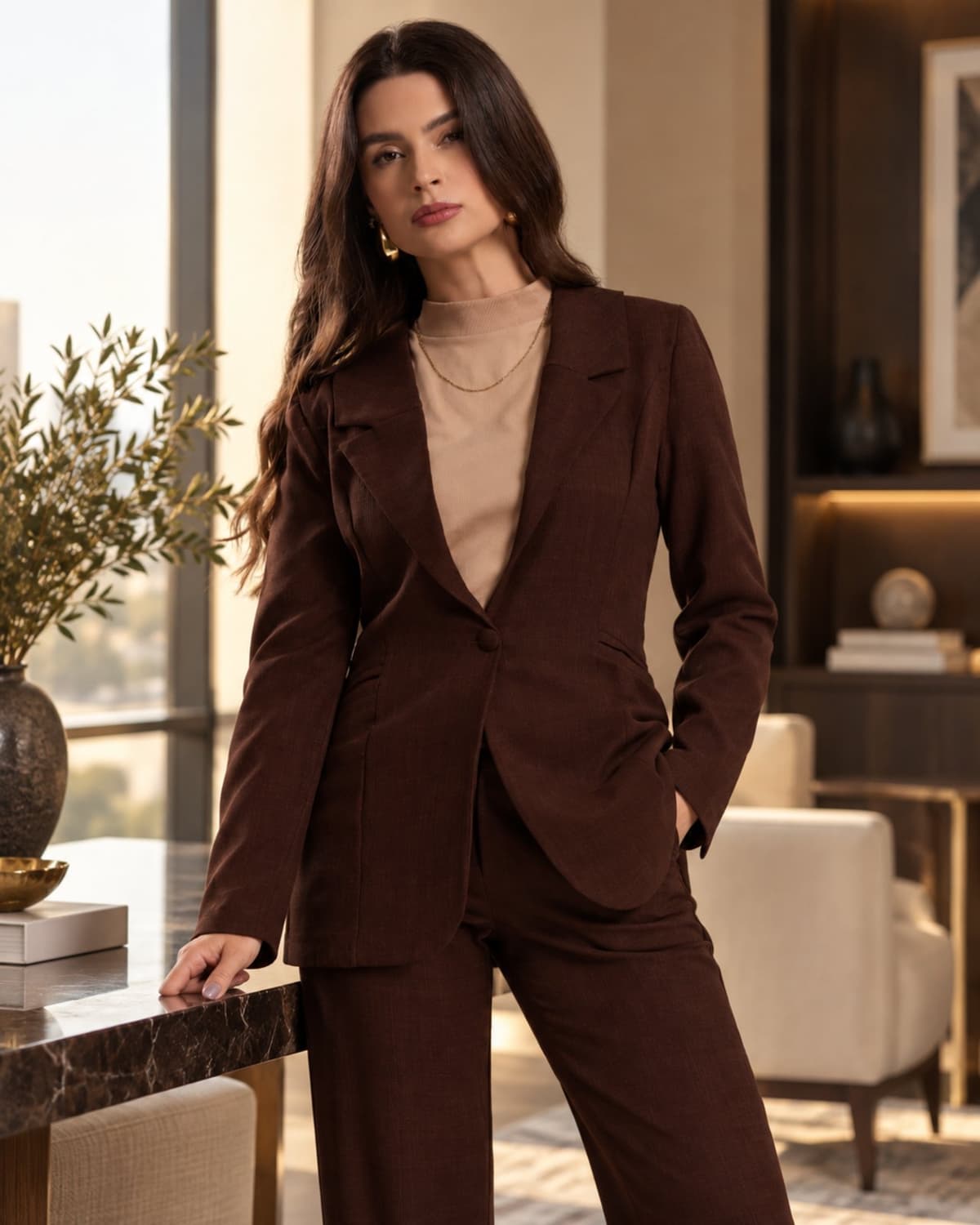 Blazer Feminino Amora Café Alongado Linho Marrom
