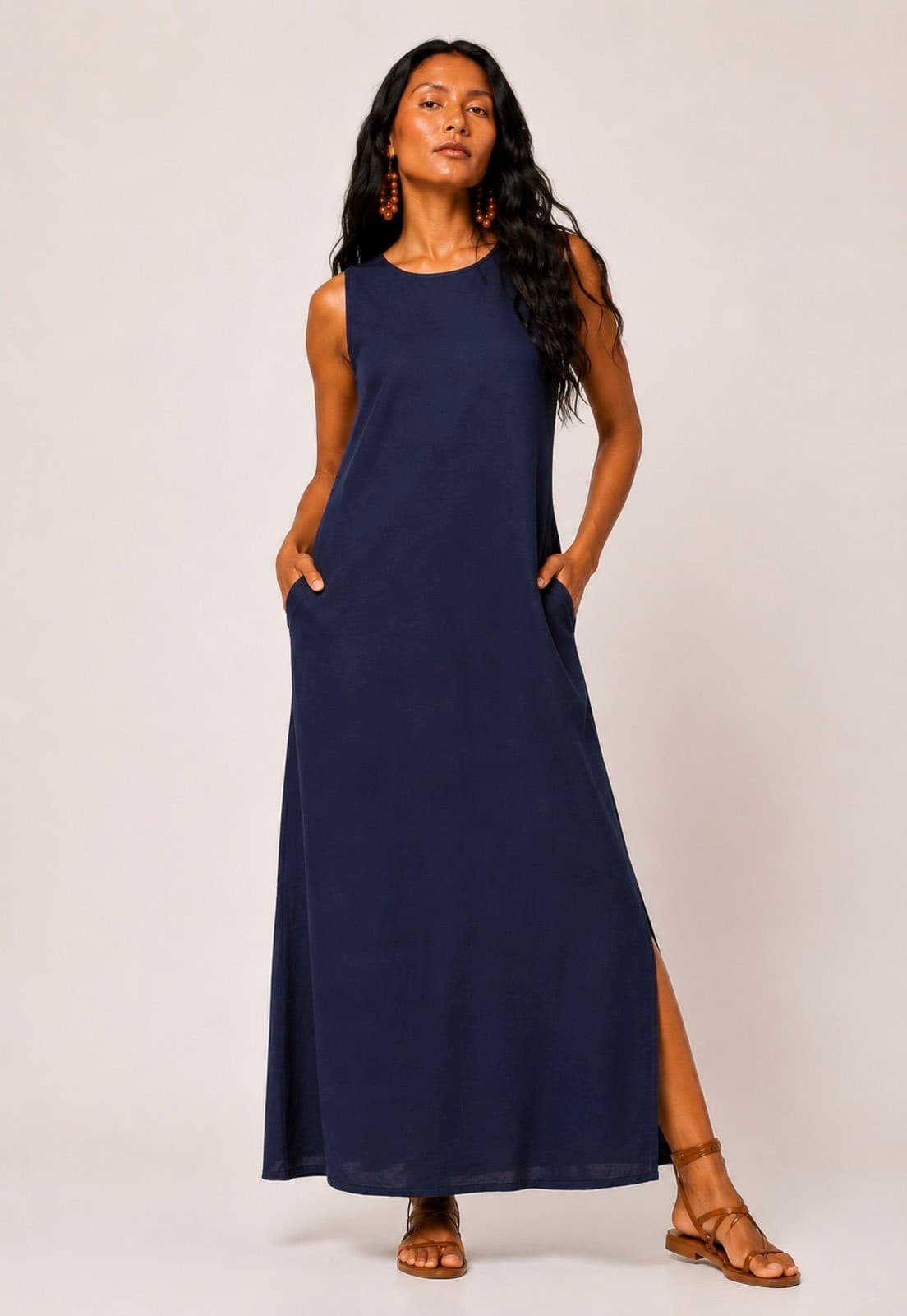 Vestido Amazonia Vital Longo Linho com Viscose Bolso Azul Marinho