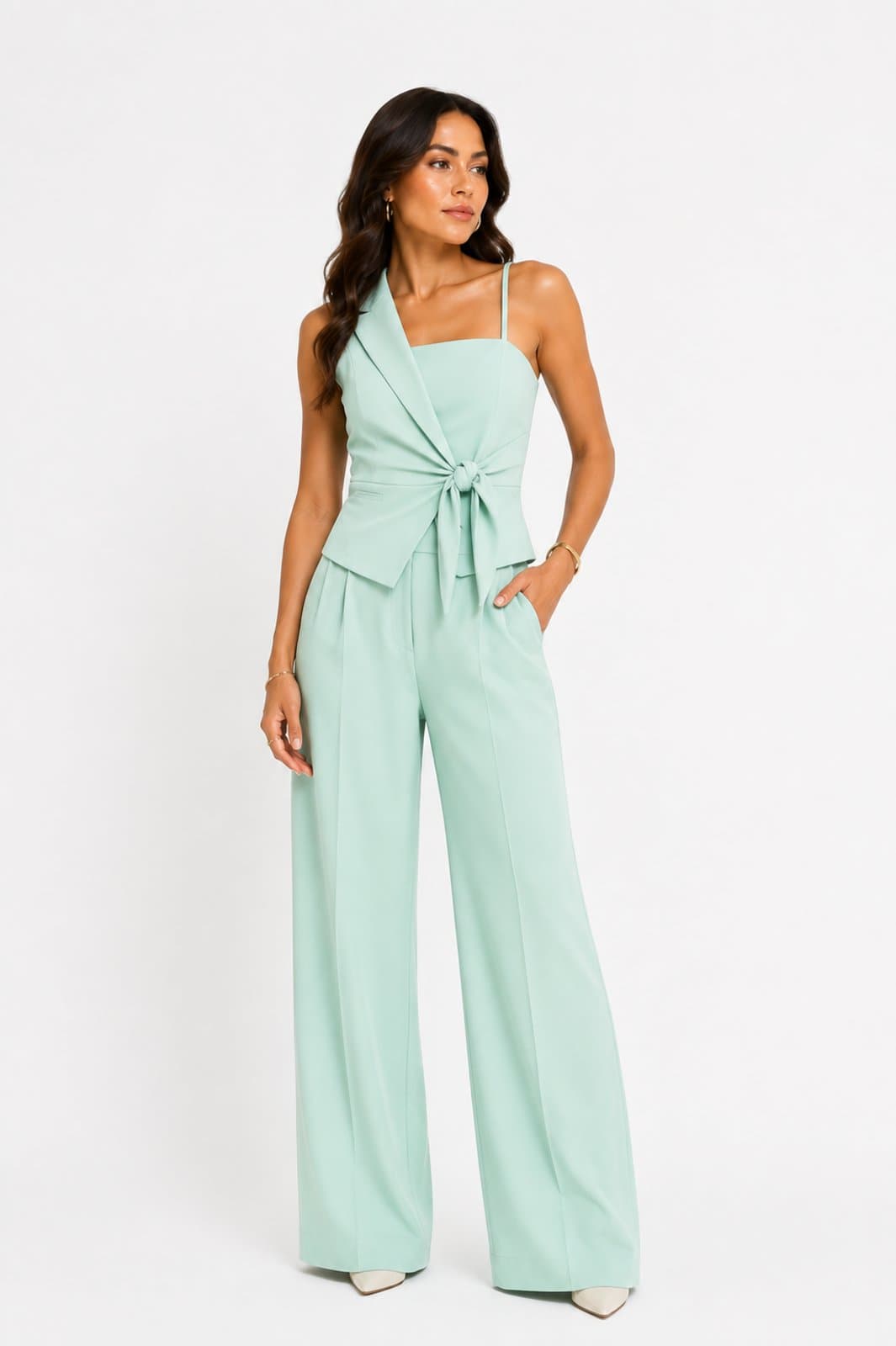 Conjunto D Bell Outlet Fashion Blusa Amarração Frontal e Calça Pantalona Verde Água