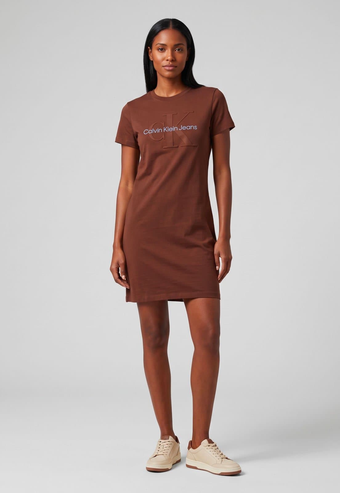 Vestido Feminino Calvin Klein Jeans Logo Embossed Curto Marrom