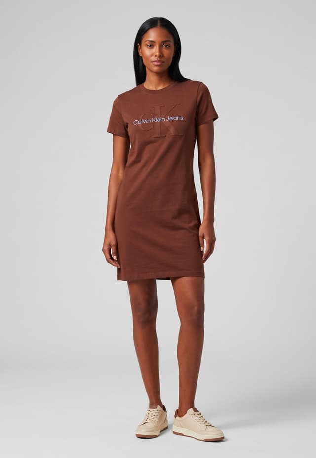 Vestido Feminino Calvin Klein Jeans Logo Embossed Curto Marrom