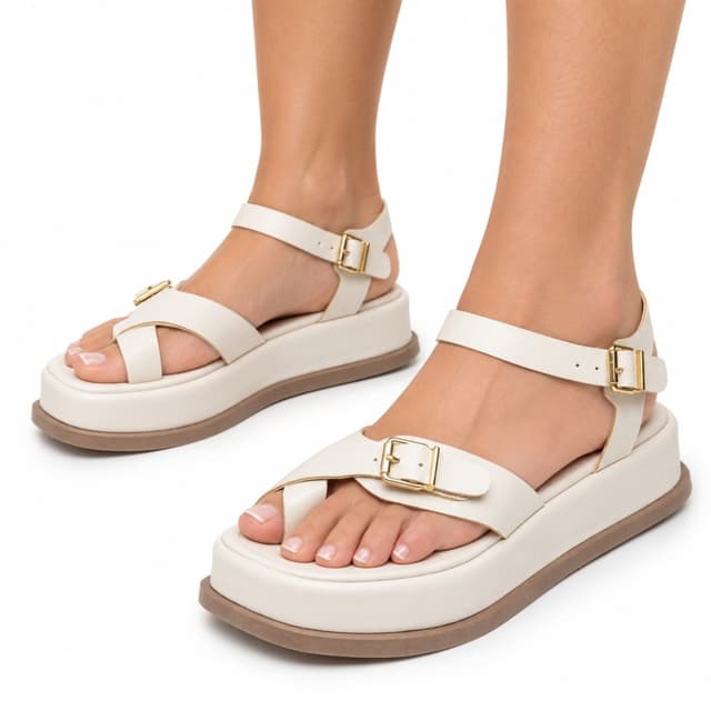 Sandália Flatform Feminina Papete Tiras Fivela 23410 Napa Off White Flor Da Pele