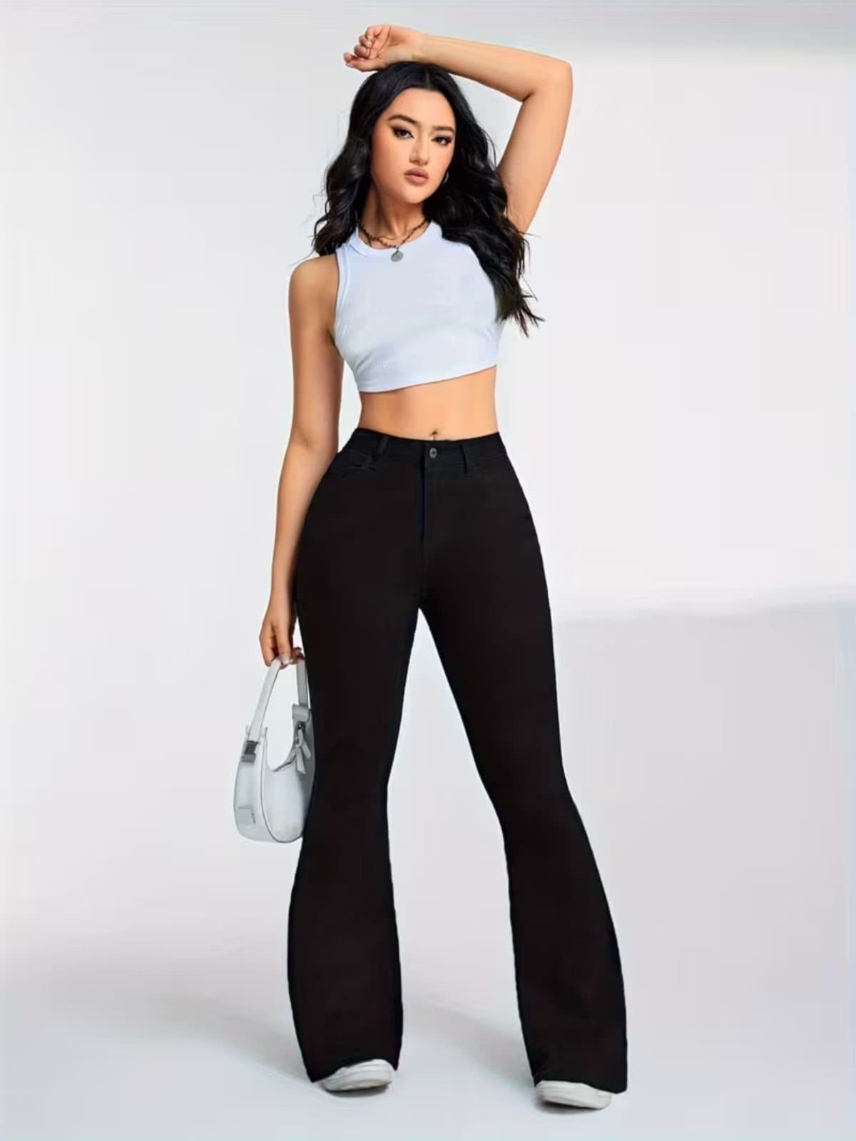 Calça Flare Avec Feminina Confortável e Elegante Lavagem Preta