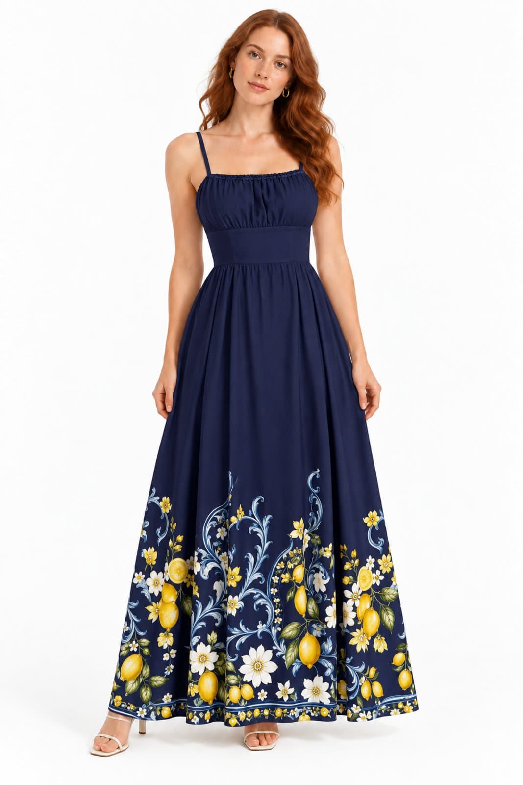 Vestido Longo D Bell Outlet Fashion Romântico com Lastex Azul Marinho Estampado