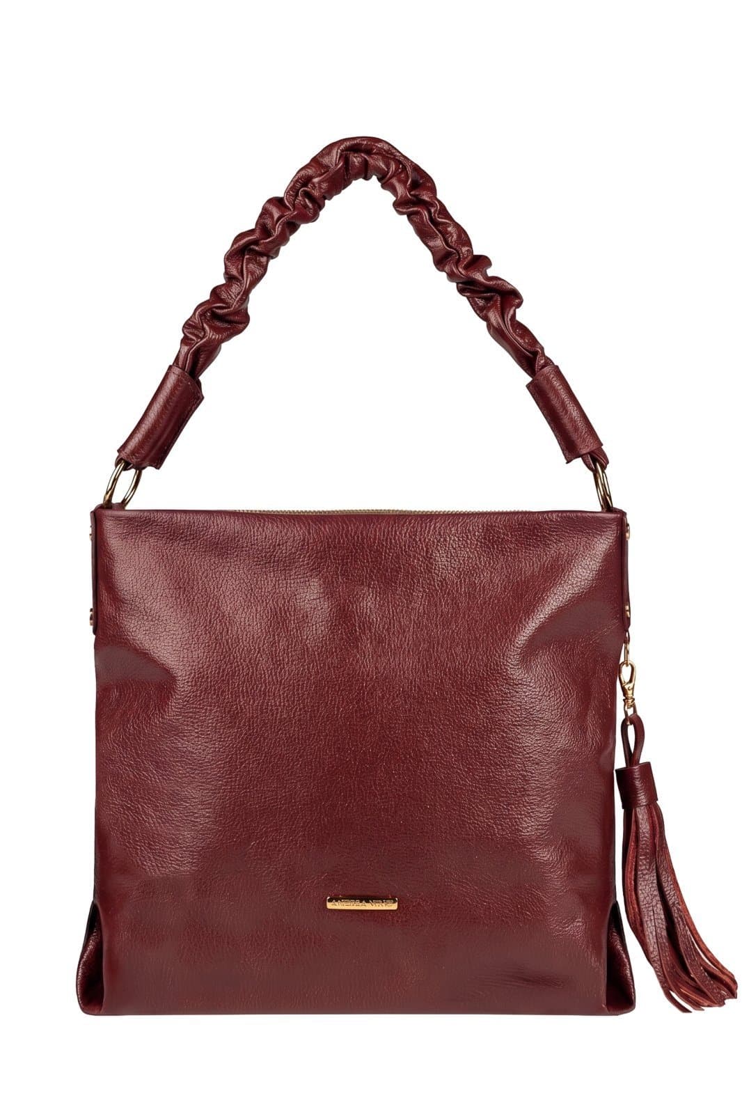 Bolsa de ombro em couro liso alça franzida Brenda - Marsala