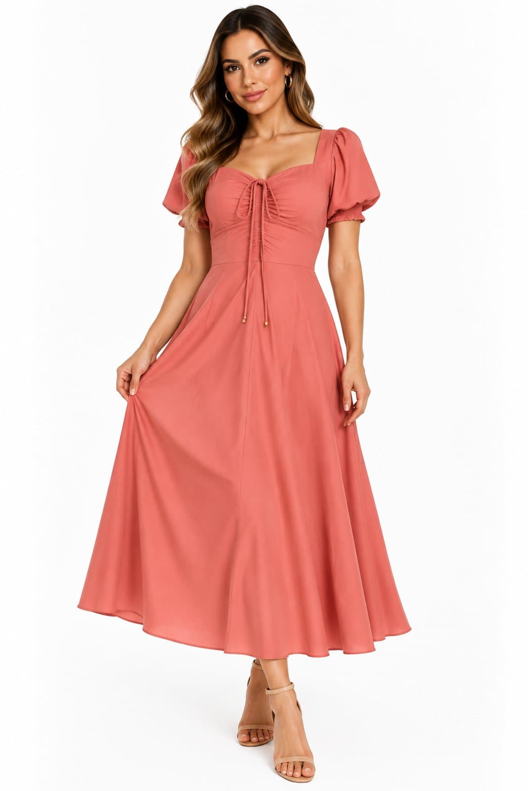 Vestido Midi D Bell Outlet Fashion Manga Bufante Coral