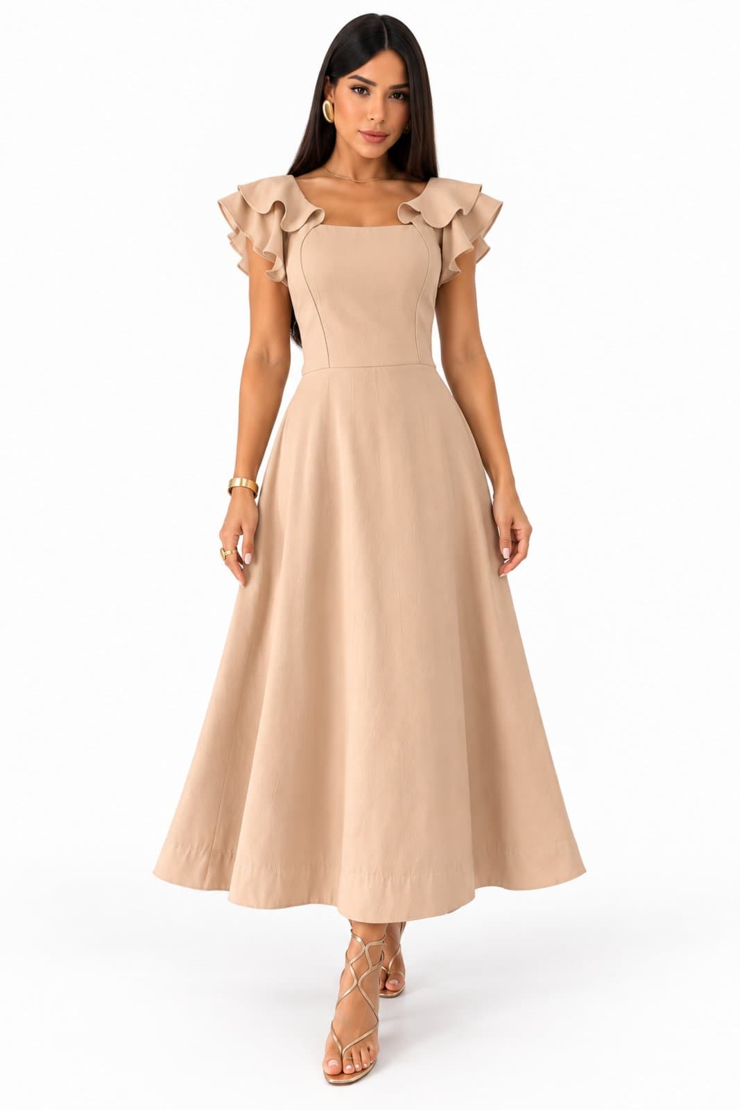 Vestido Midi D Bell Outlet Fashion Alfaiataria Marrant com Manga Babado Nude