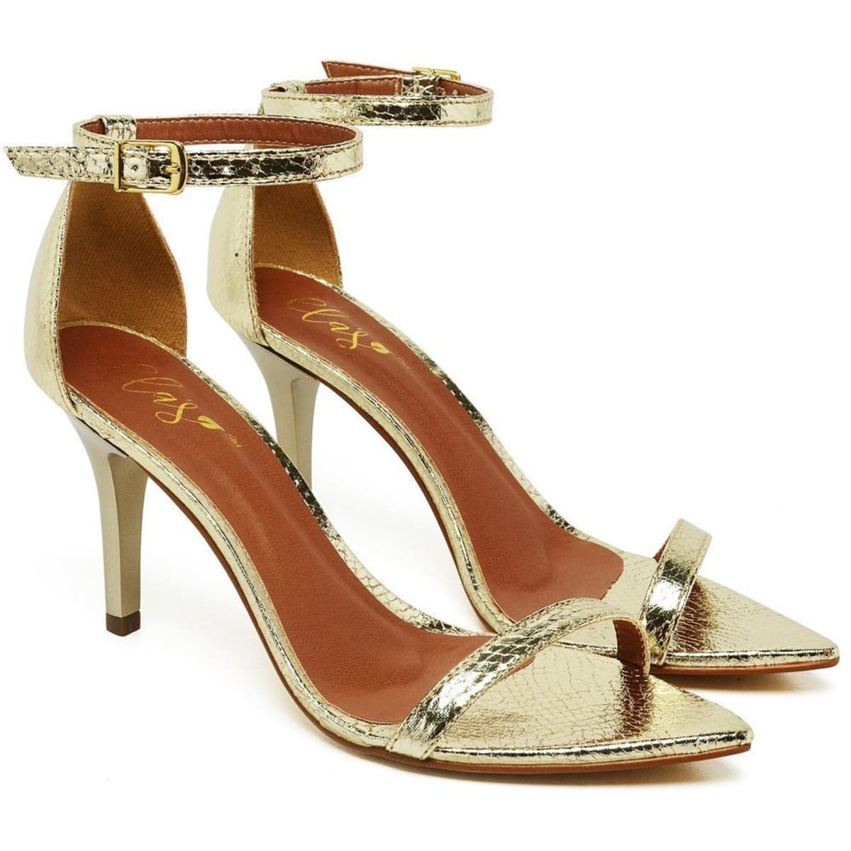 Sandalia Feminina Dourado Salto Fino 8cm Bico Folha para Festa