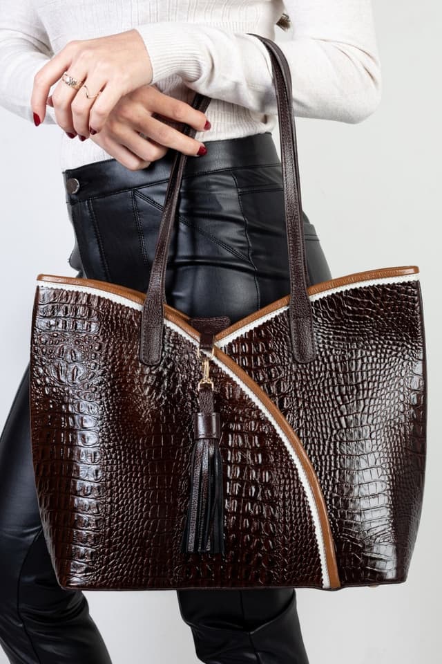 Bolsa grande de couro croco Rachel - Café