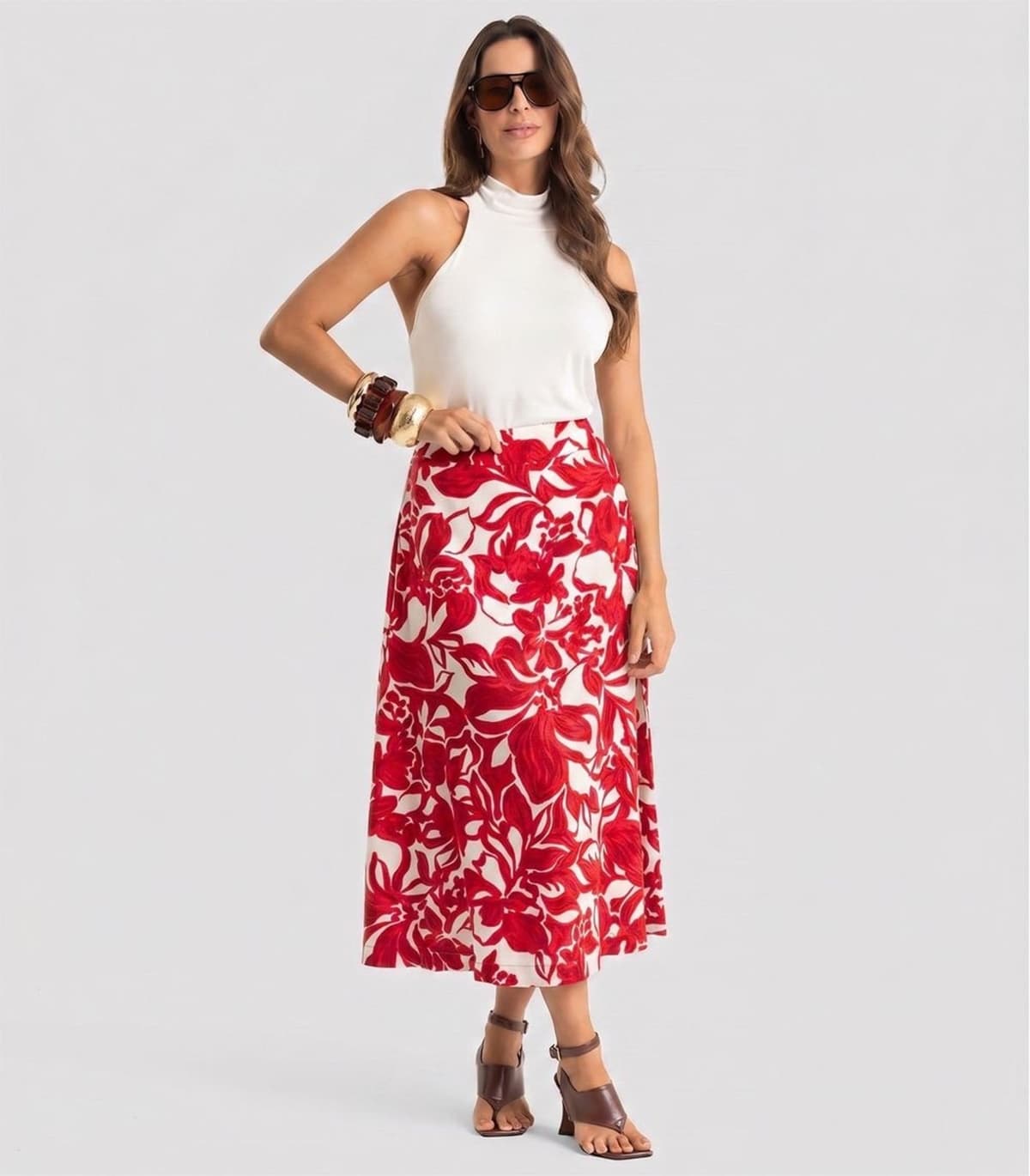 Saia Midi Feminina Estampada Dianna Vermelho