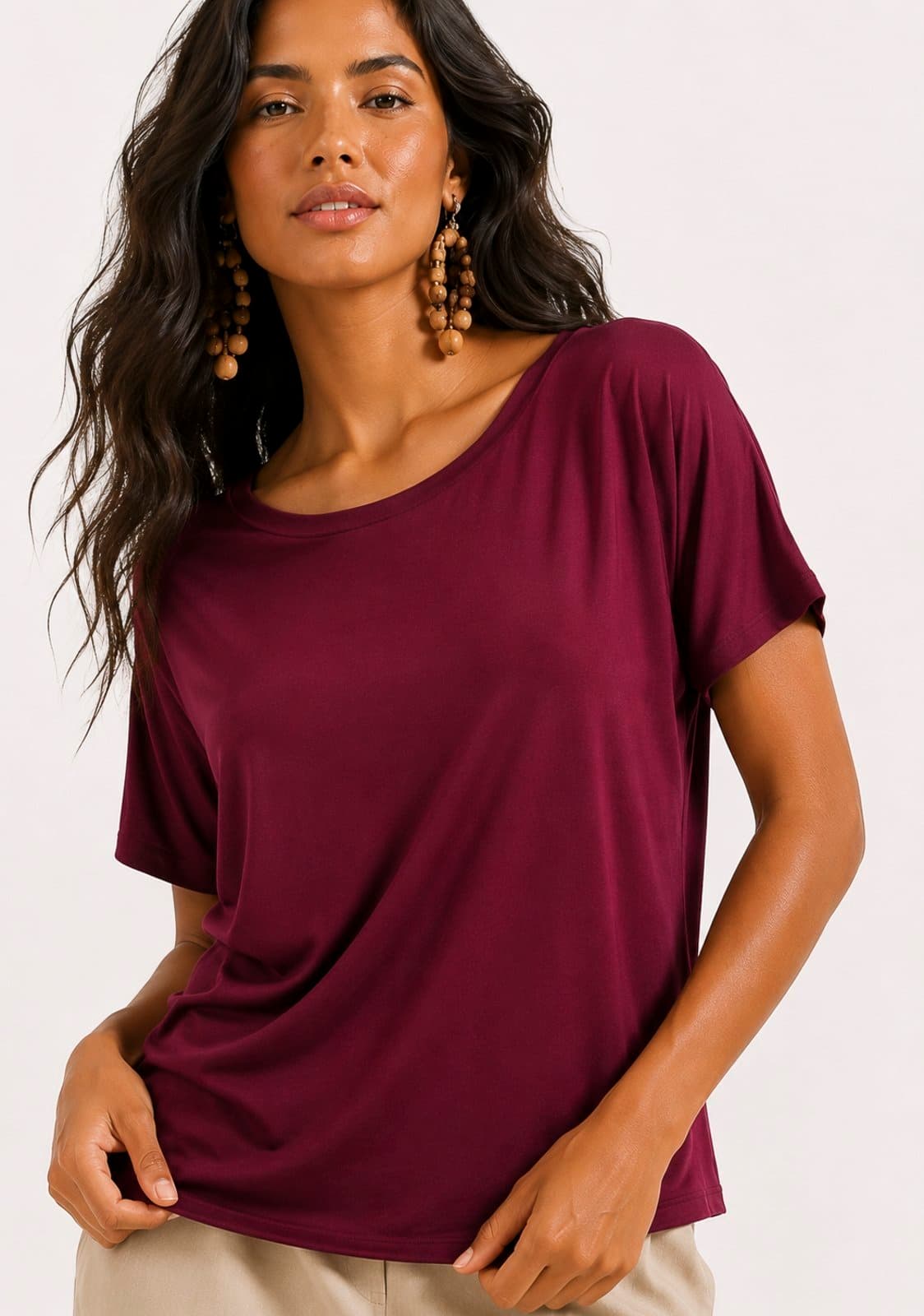 Blusa Amazonia Vital Básica Morcego Malha Gola Canoa Manga Curta Bordô