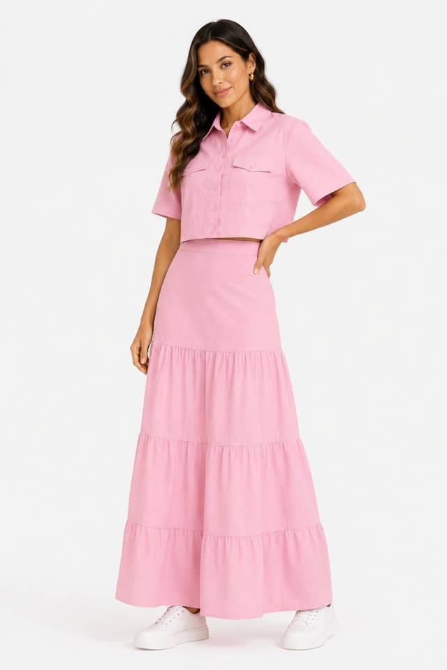 Conjunto D Bell Outlet Fashion Camisa Cropped Saia Longa Três Marias Rosa