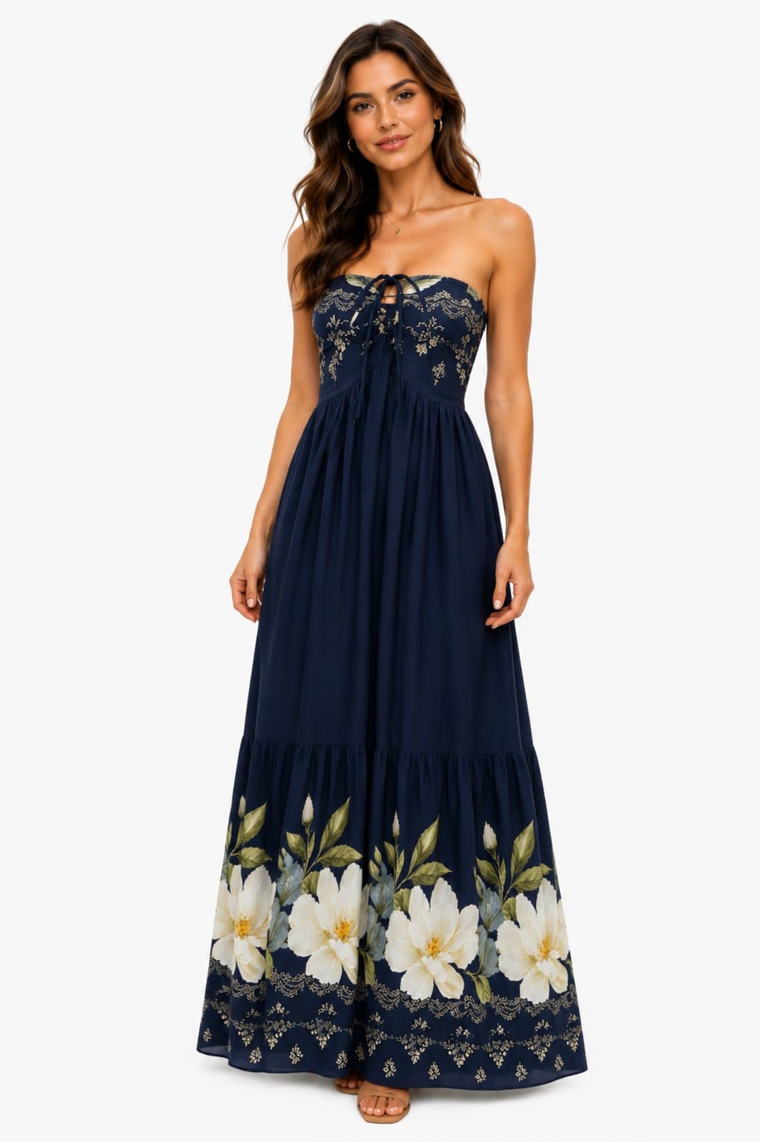 Vestido Longo D Bell Outlet Fashion Tomara Que Caia Floral Azul Marinho