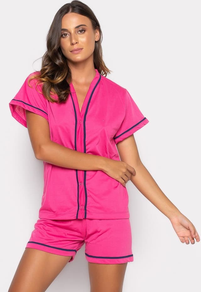 Pijama Bravaa Store Curto Baby Doll Americano Blogueirinha Botão Adulto Amamentação 021 Rosa