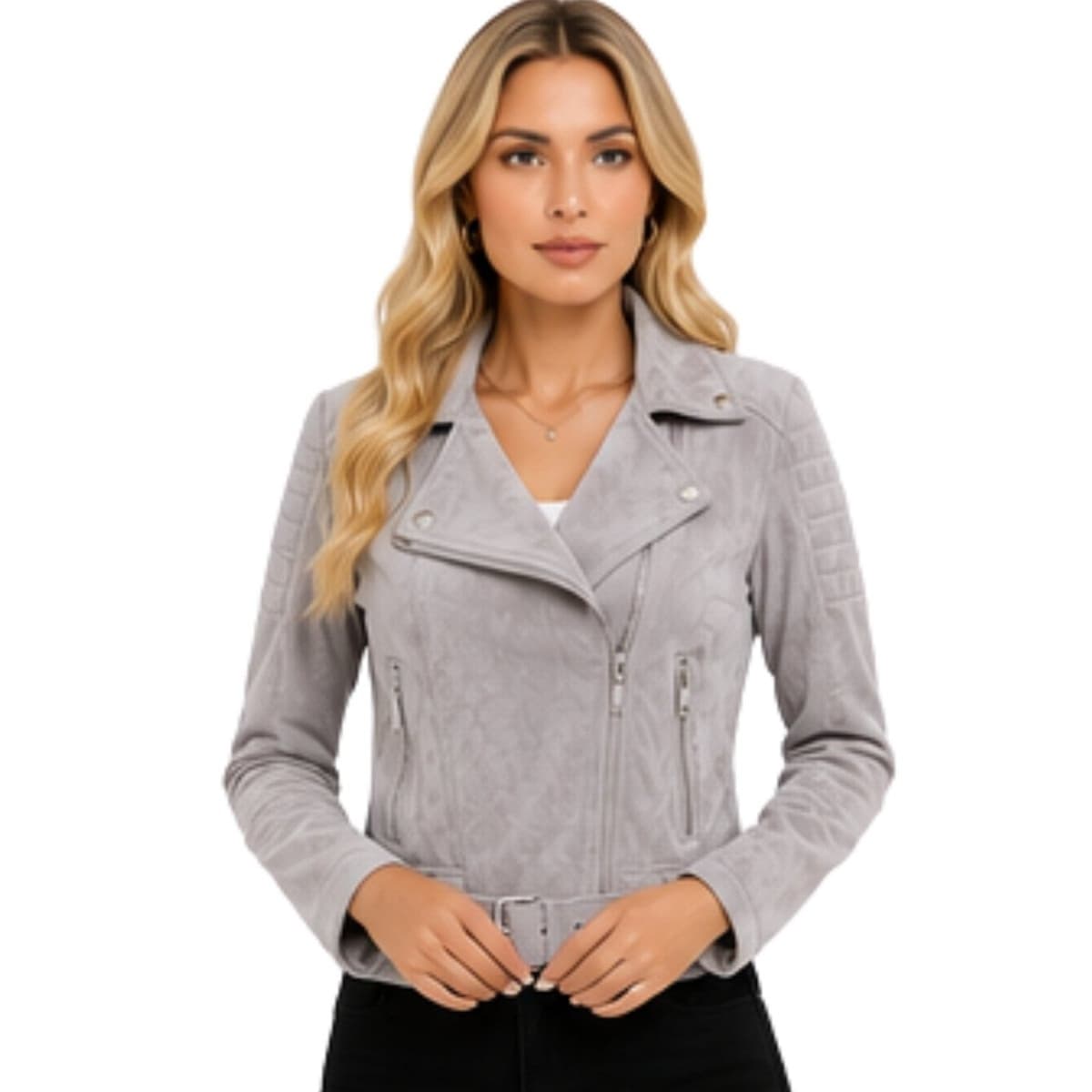 Jaqueta Feminina Suede Peluciada Biker Com Zíper e Cinto Cinza