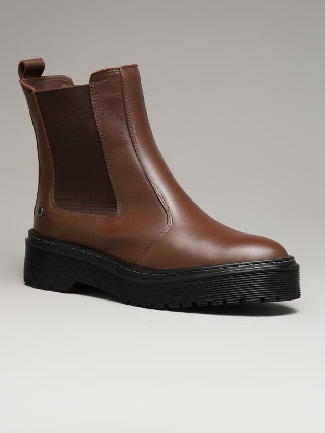 Bota Chelsea Feminina Em Couro Legítimo Marrom Flor de Griffe Coturno Tratorado Elástico Elegante Casual Inverno