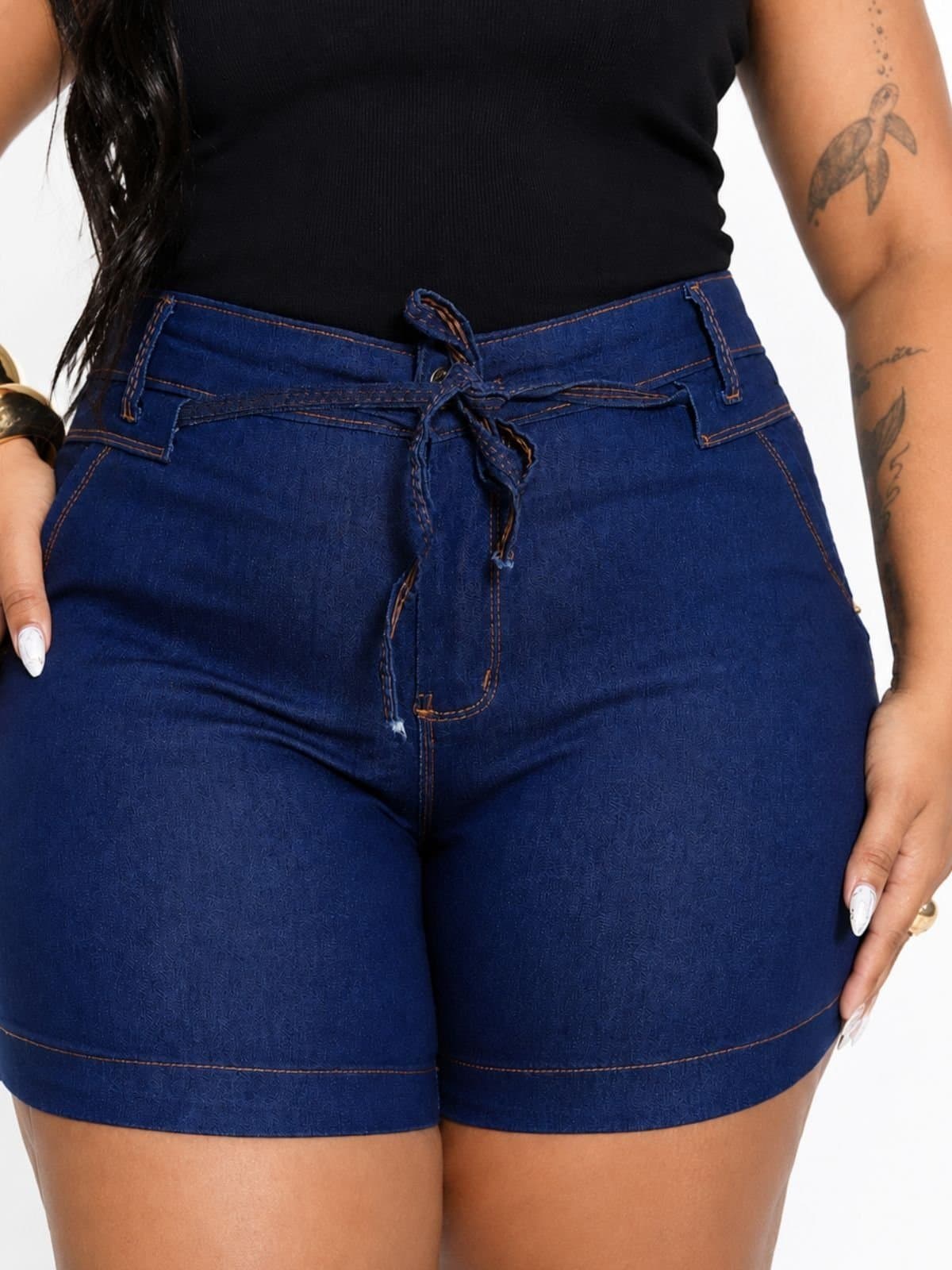 Short Jeans Donna De Paula Com Lacinho No Cos Cintura Alta Jeans Com Elastano