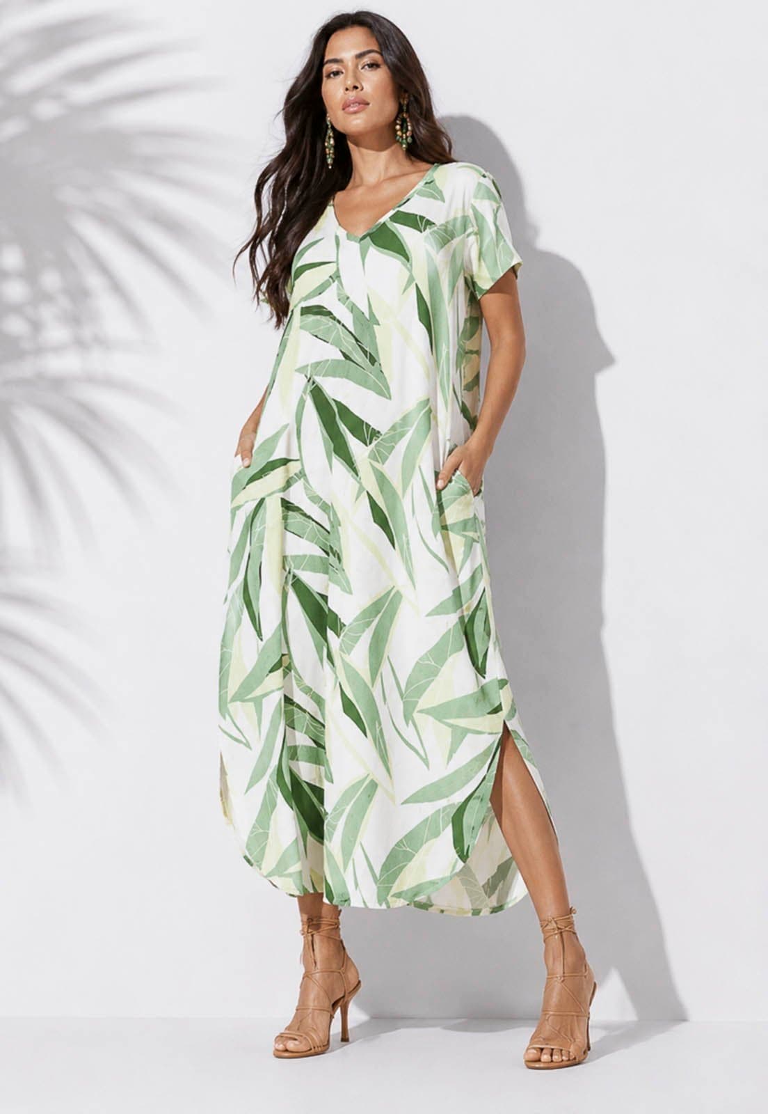 Vestido CabanaFree Midi Abapã Malha com Bolso Estampa Verde Selvagem