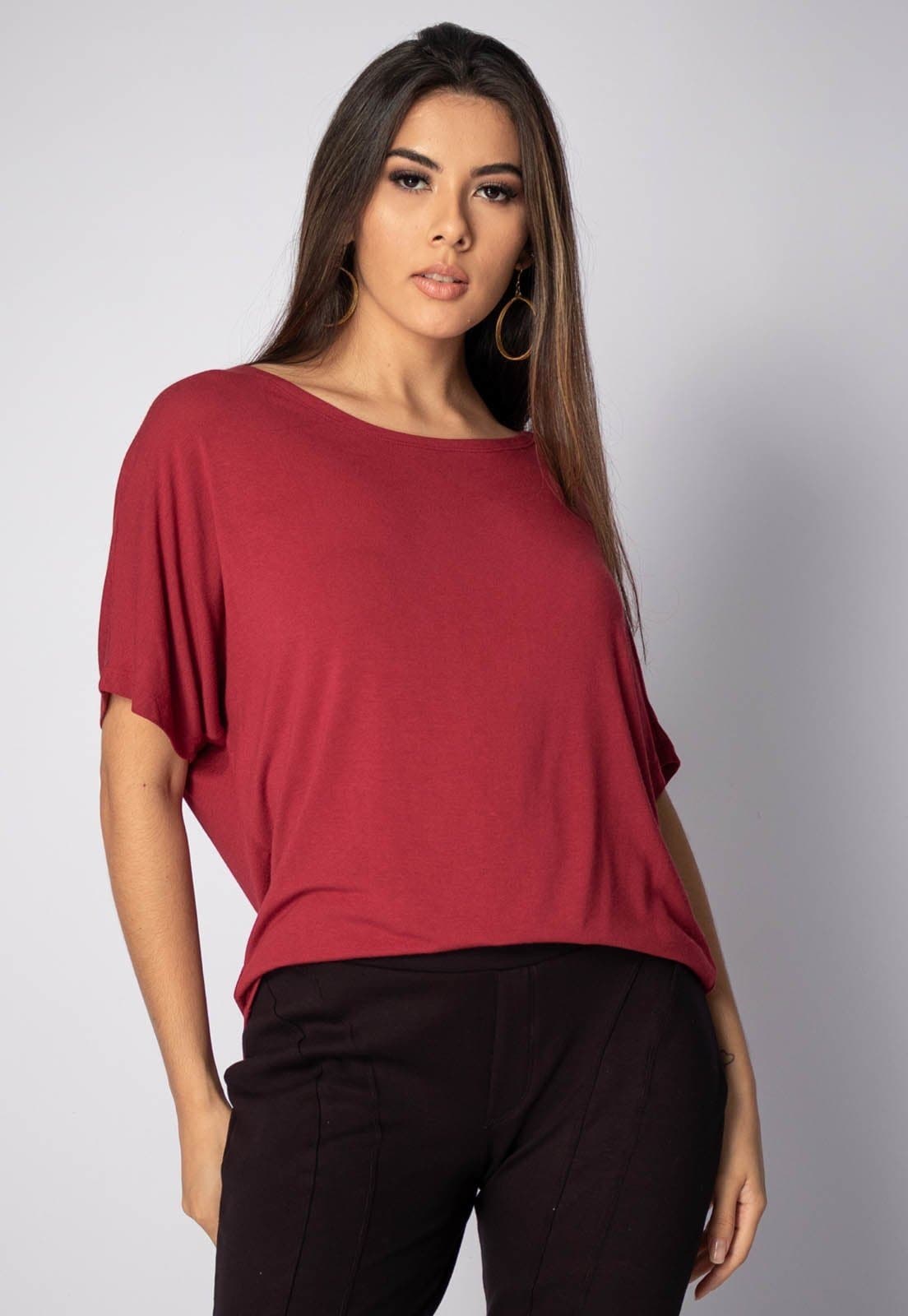 Blusa Morcego Amazonia Vital Malha Gola Canoa Manga Curta Bordô