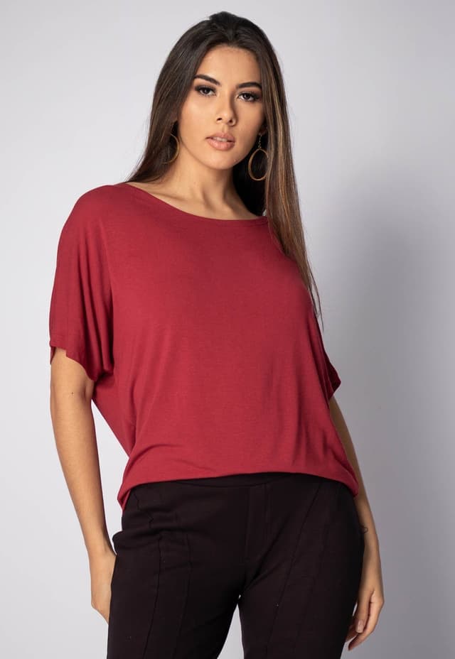 Blusa Morcego Amazonia Vital Malha Gola Canoa Manga Curta Bordô