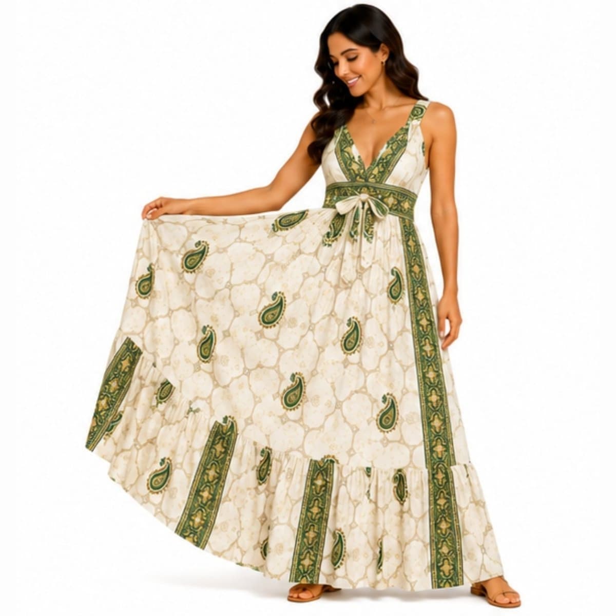 Vestido Longo Indiano Feminino Estampado Decote V com Lastex Branco