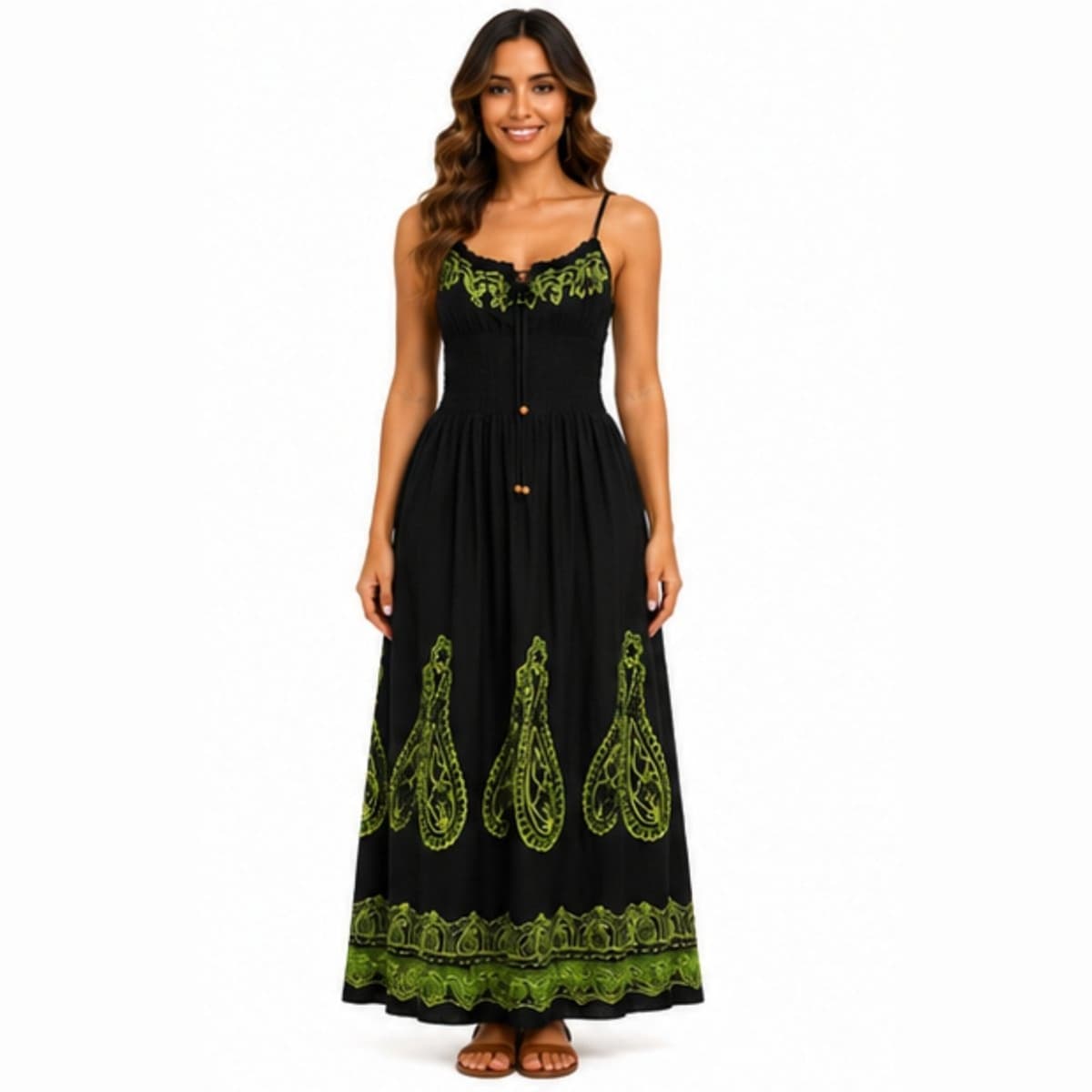 Vestido Feminino Longo de Alça com Lastex Estilo Boho Indiano Preto