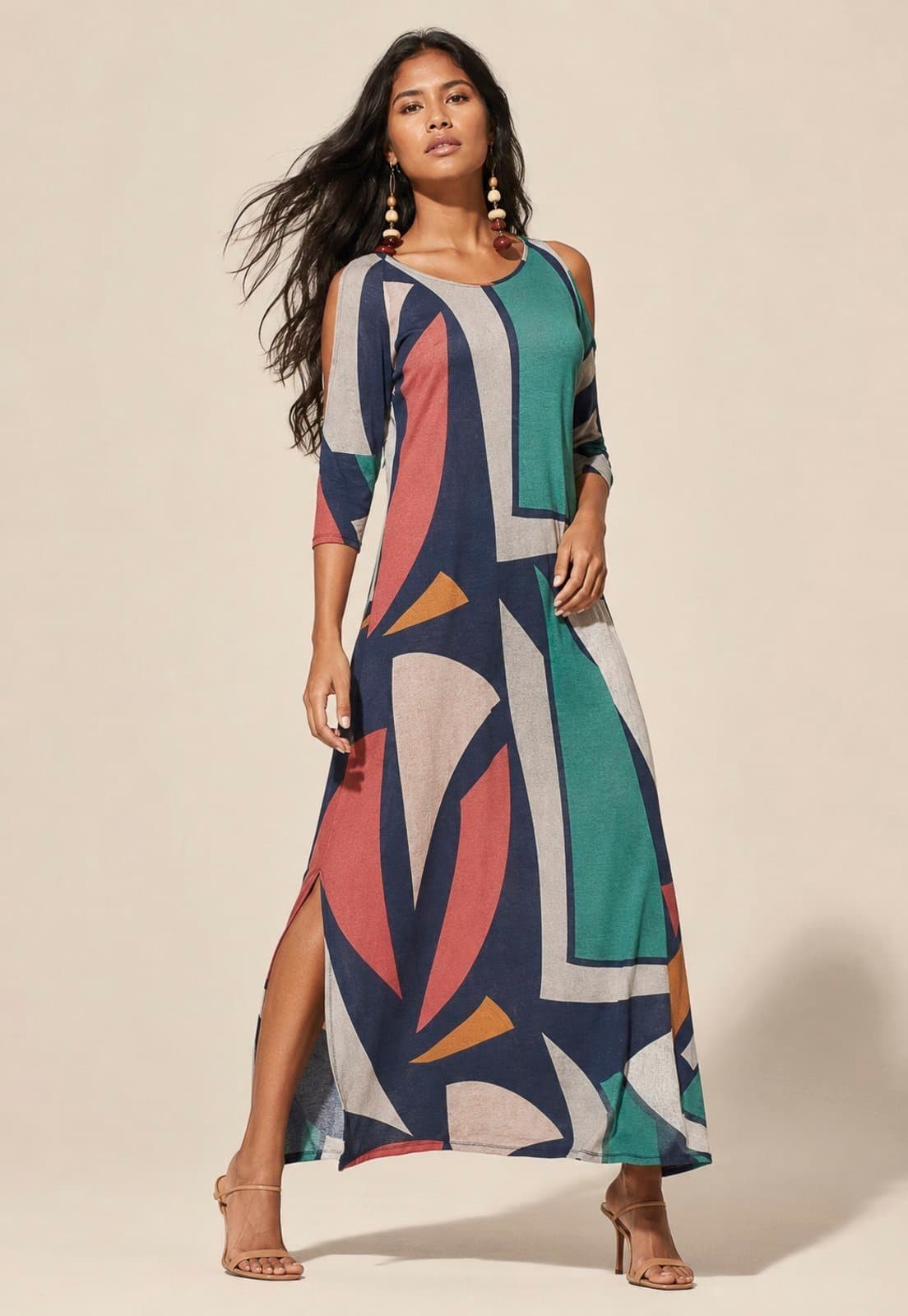 Vestido Amazonia Vital Boyrá Longo Malha Detalhe Manga Geometrias do Tempo