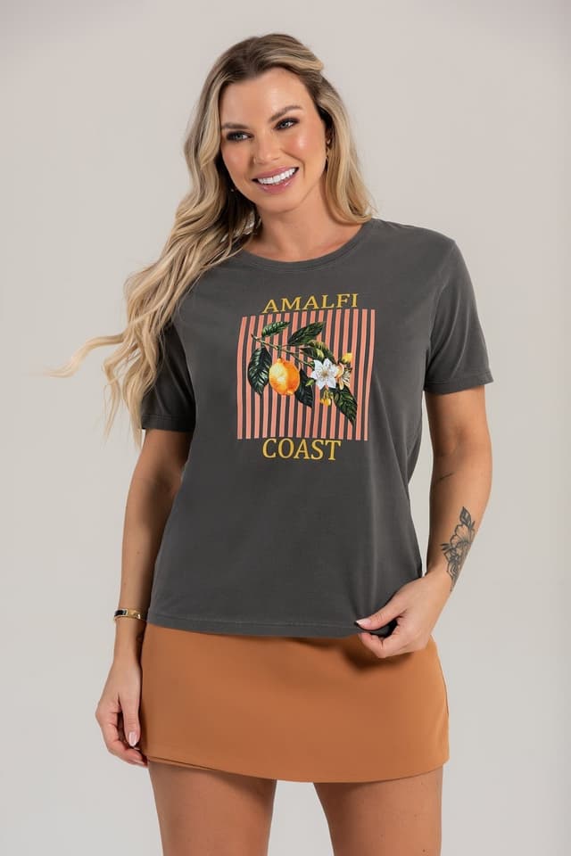 Camiseta Feminina Cianitas Chumbo Estampa Limão Amalfi