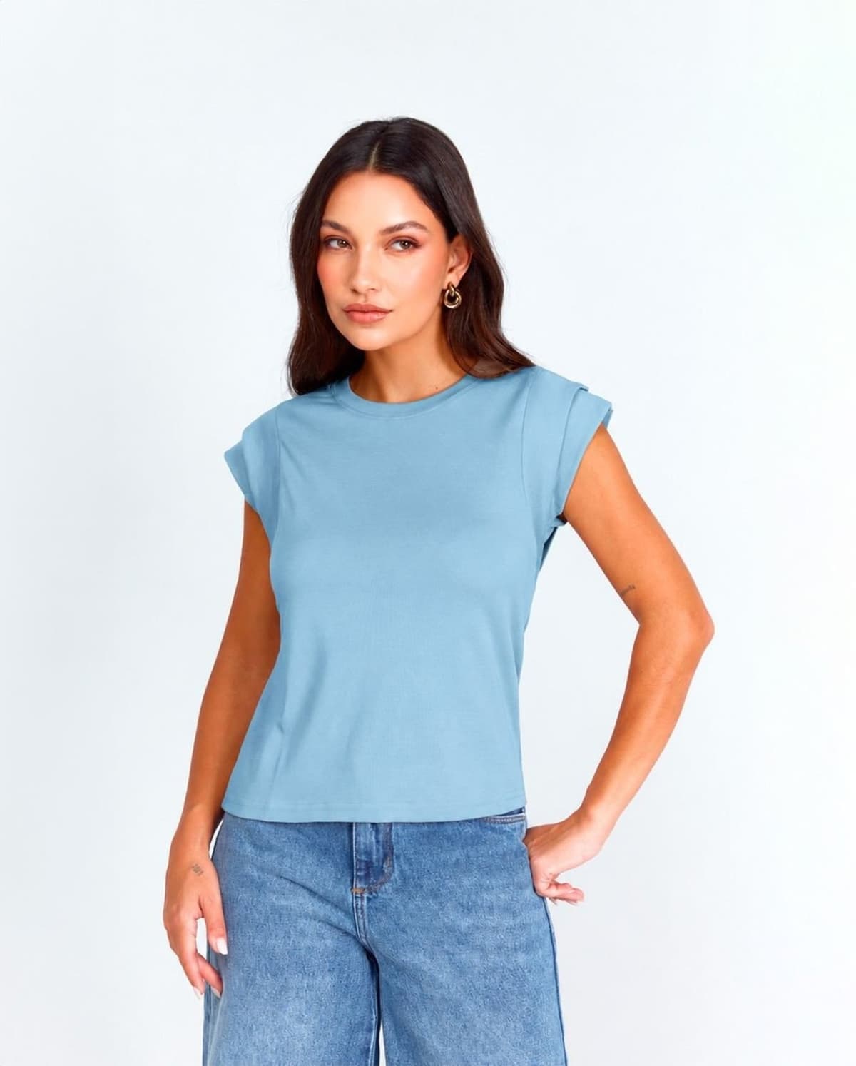 Regata Decote Redondo Feminina Manga Dupla Premium 90301 Azul Consciência