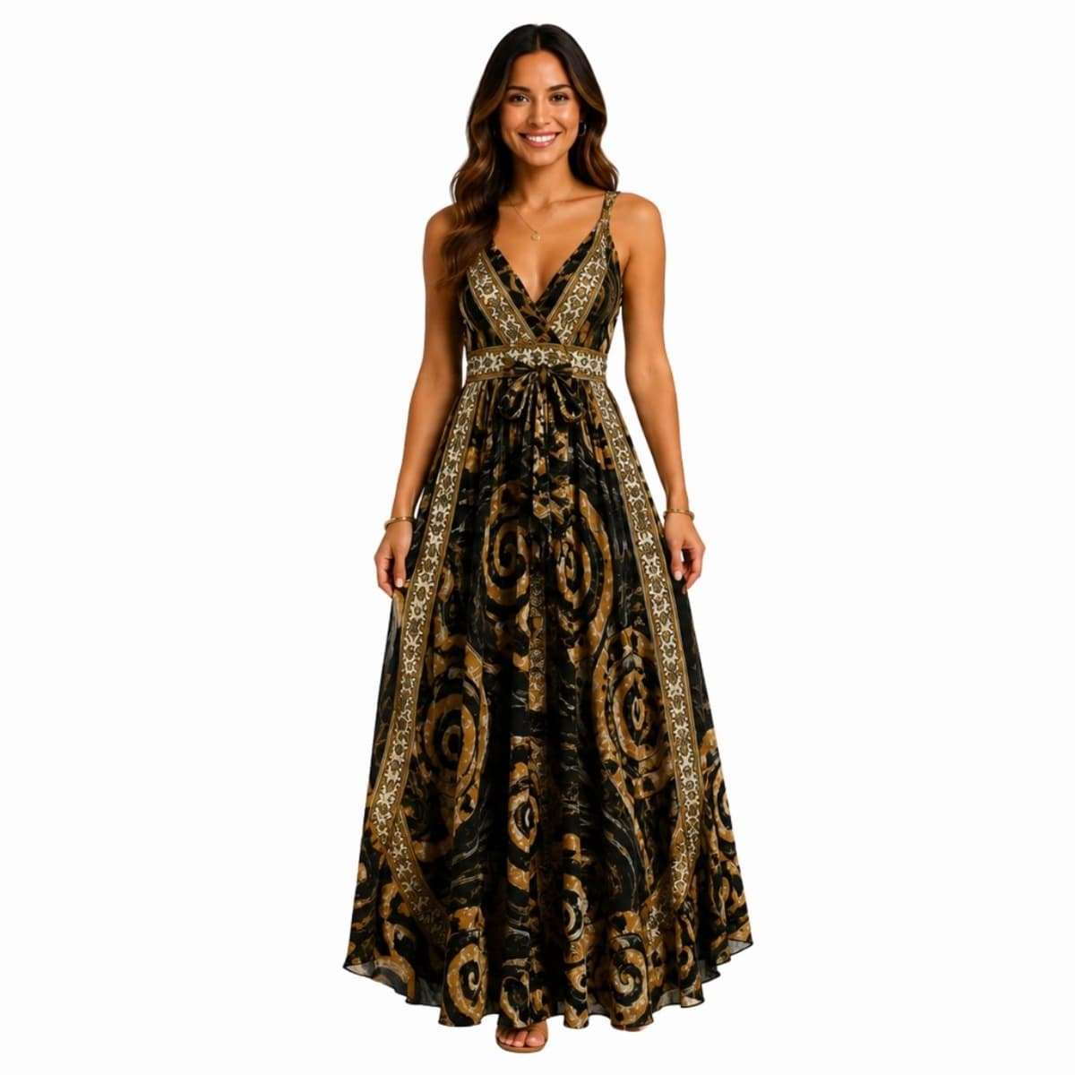 Vestido Longo Indiano Feminino Estampado Alças Reguláveis Boho Preto