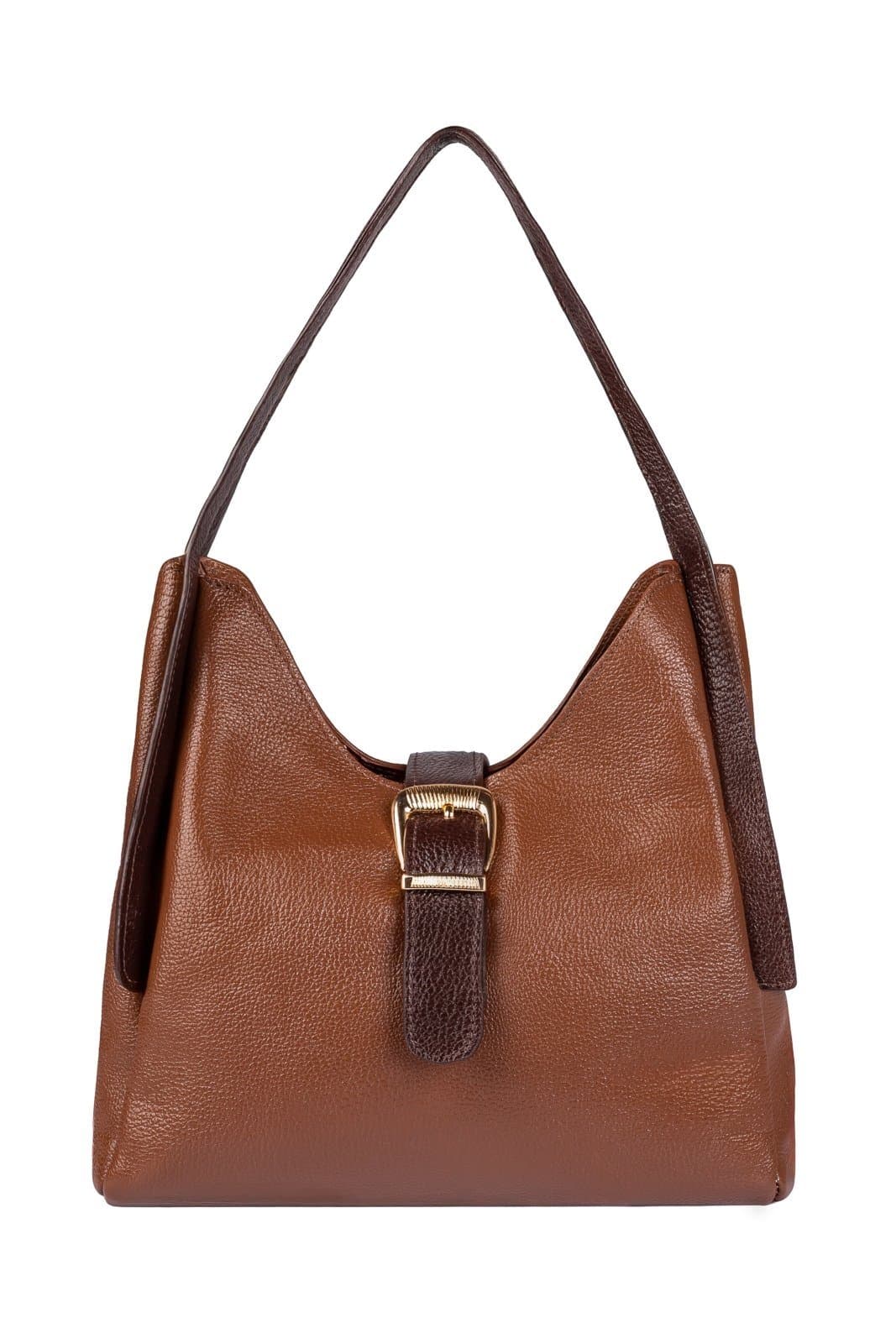 Bolsa de mão em couro liso com fivela Leandra - Whisky/Café