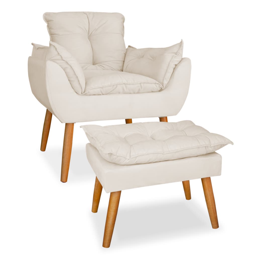 Conjunto poltrona opala mais puff deluxo pes palito em suede bege