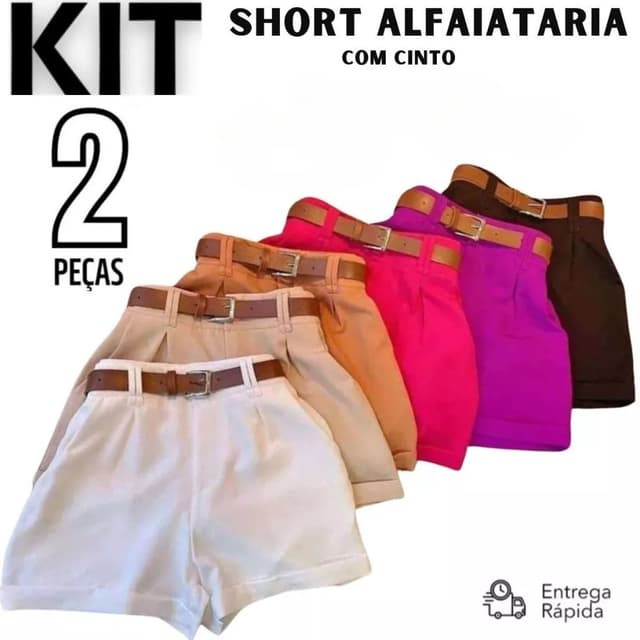 Kit 2 Short Feminino Alfaiataria Social com dois Cinto Cintura Alta PROMOÇÃO
