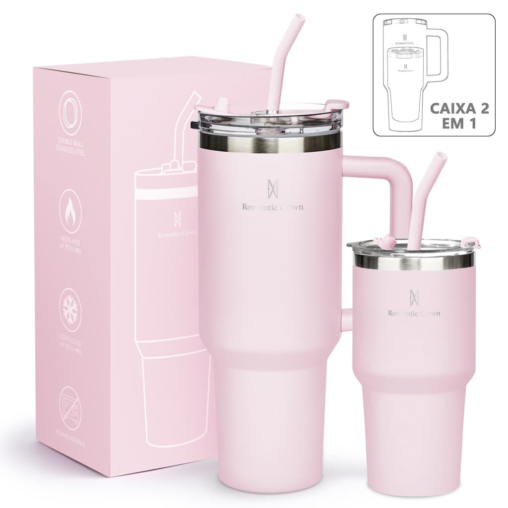ROMANTIC CROWN Kit 2 Copo Térmico Inox 1200ml/600ml Garrafa Térmica Inoxidável com Tampa e Canudo