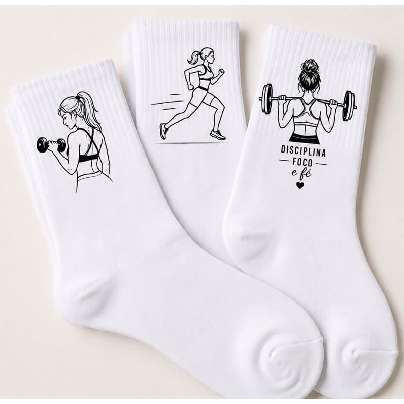 Kit 3 Pares de Meias Brancas Personalizadas Cano Alto Crossfit Academia Corrida Run Frases Unissex