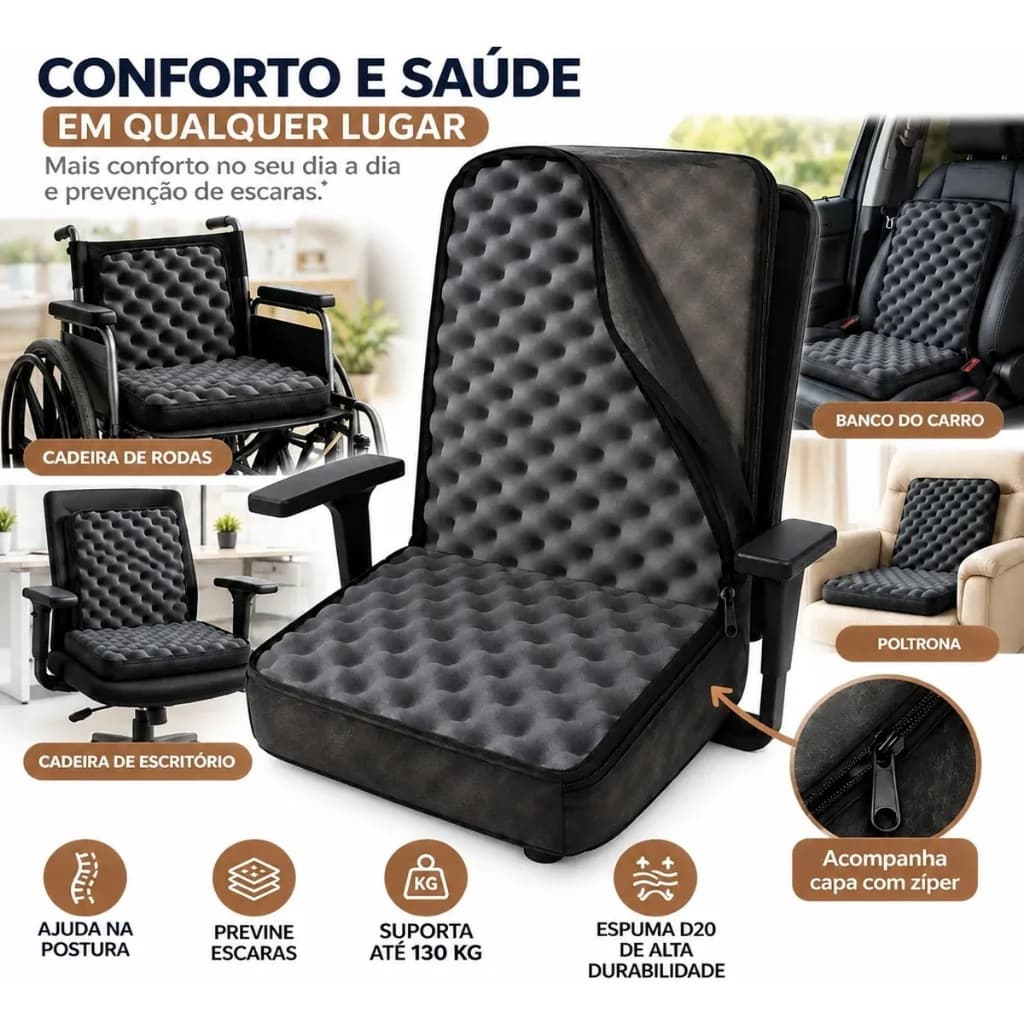 2 em1 Almofada Assento Coccix Alivo C/ Encosto Lombar Casca De Ovo Antiescaras alivio de pressao e dores + Capa C Ziper