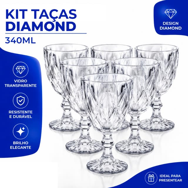 Jogo Taças Vidro 340Ml Diamond Bico Jaca Abacaxi Conjunto Taça Para Água Vinho Tinto Suco Diamante
