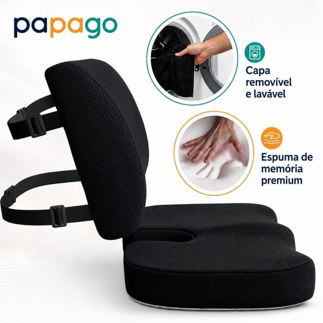 Kit Almofada Ergonômica Assento + Apoio Lombar Memory Foam Antiderrapante Capa Lavável para Cadeira