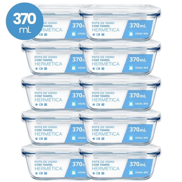 Kit 10 Pote Vidro Hermético Marmita 370ml Micro-ondas Freezer Forno Organização Geladeira