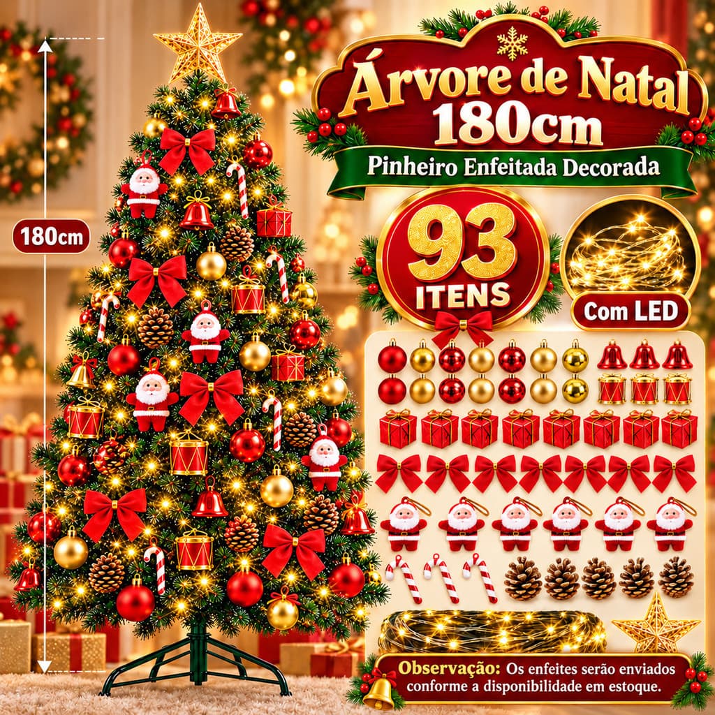 Árvore de Natal 180cm Decorada Completa 340 Galhos 93 Enfeites Pisca LED Pinheiro Artificial