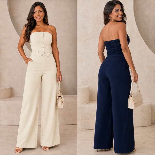 Conjunto Alfaiataria Cropped Tomara que Caia Social Elegante Calça Pantalona Blusa Elástico Lastex Botão Verão Feminino