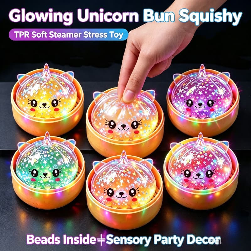 LED Glitter Estrela Grânulo Unicórnio Bun Brinquedo Mole Completo Com Simulação Cesta De Vapor Bonito Brilhante Decoraçã