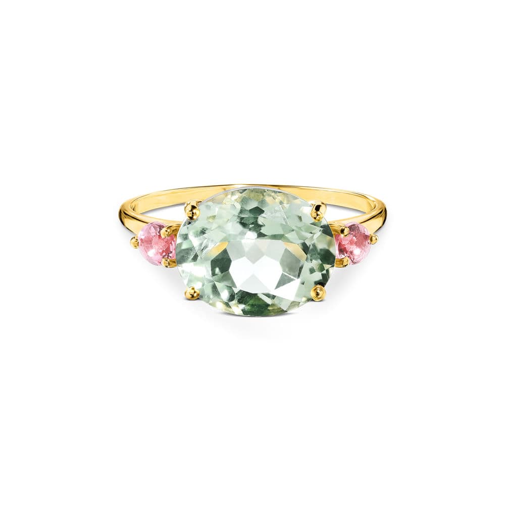 Anel Pietre em Ouro Amarelo 18k com Prasiolita e Turmalinas Rosa