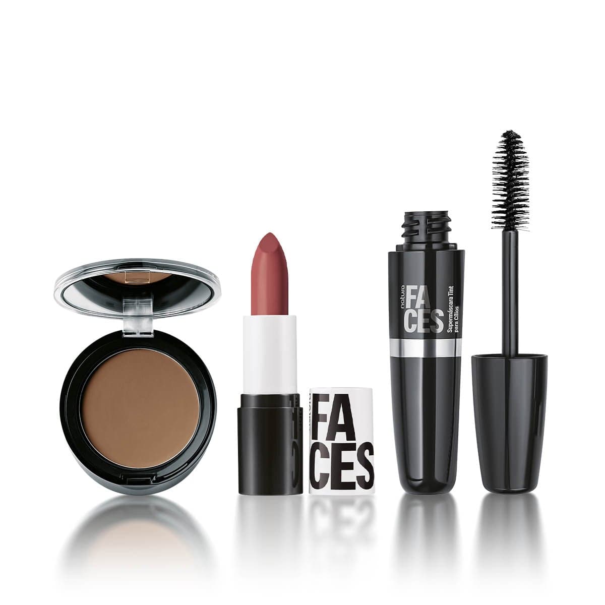 Kit Faces Pó Compacto, Batom Matte e Máscara de Cílios Tint