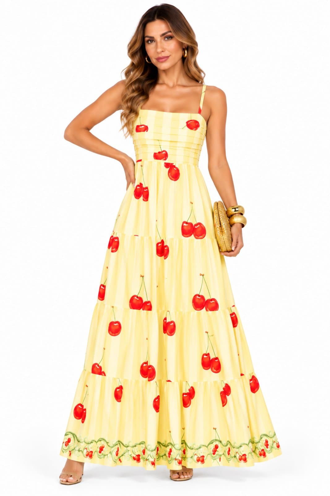 Vestido Longo D Bell Outlet Fashion Estampa de Cerejas Amarelo