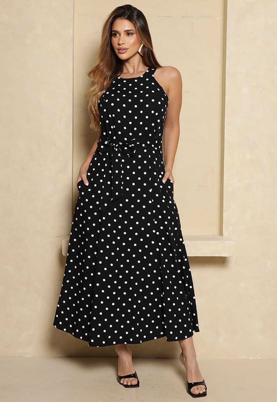 Vestido Longo Agatha BBonnie Feminino com Bolsos Preto Poa